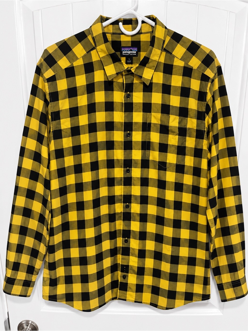 Patagonia Fezzman Shirt Men’s L Yellow Navy Plaid Organic Cotton